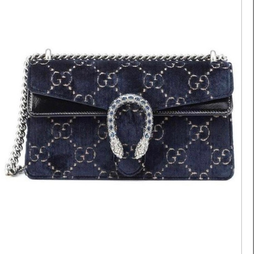 Gucci Shoulder Dionysus New Gg Supreme Monogram Velvet Leather Chain Blue